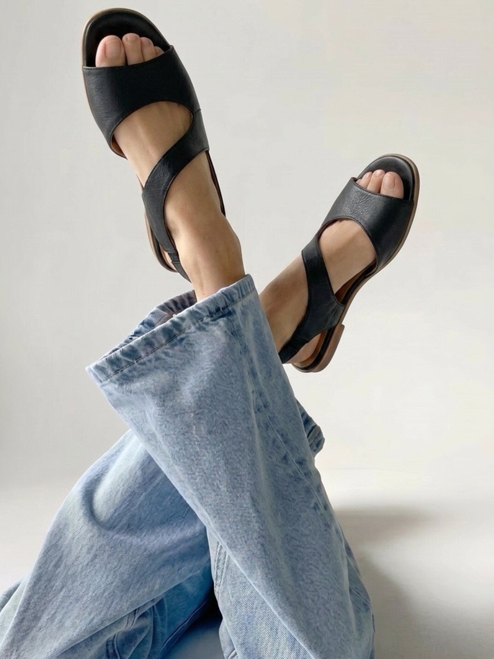 Bueno Black Leather Slingback Peep-Toe Sandals